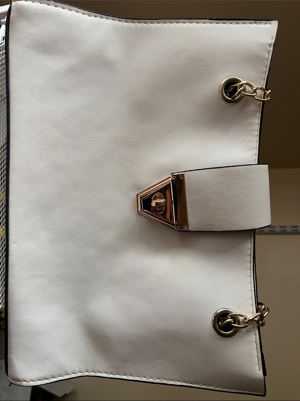 White Shoulder Bag with Gold-Tone Chain and Turn-Lock